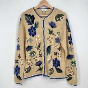 Vintage 90s Talbots Cardigan Sweater Womens Large Floral Blue Beige Button READ